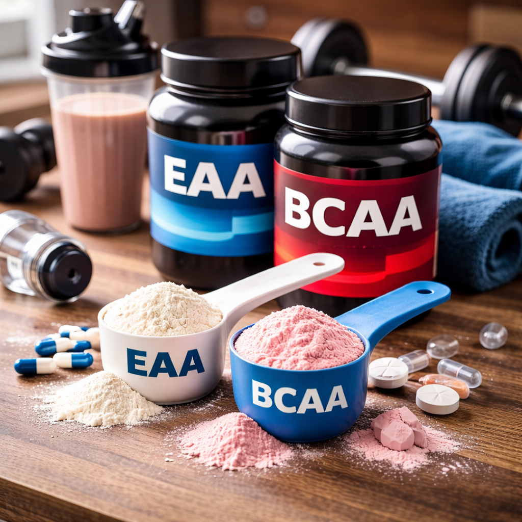 Cuillère de poudre d’acides aminés à côté d’un shaker et d’un carnet d’entraînement, illustrant BCAA et EAA en supplémentation sportive sans texte sur l’image.