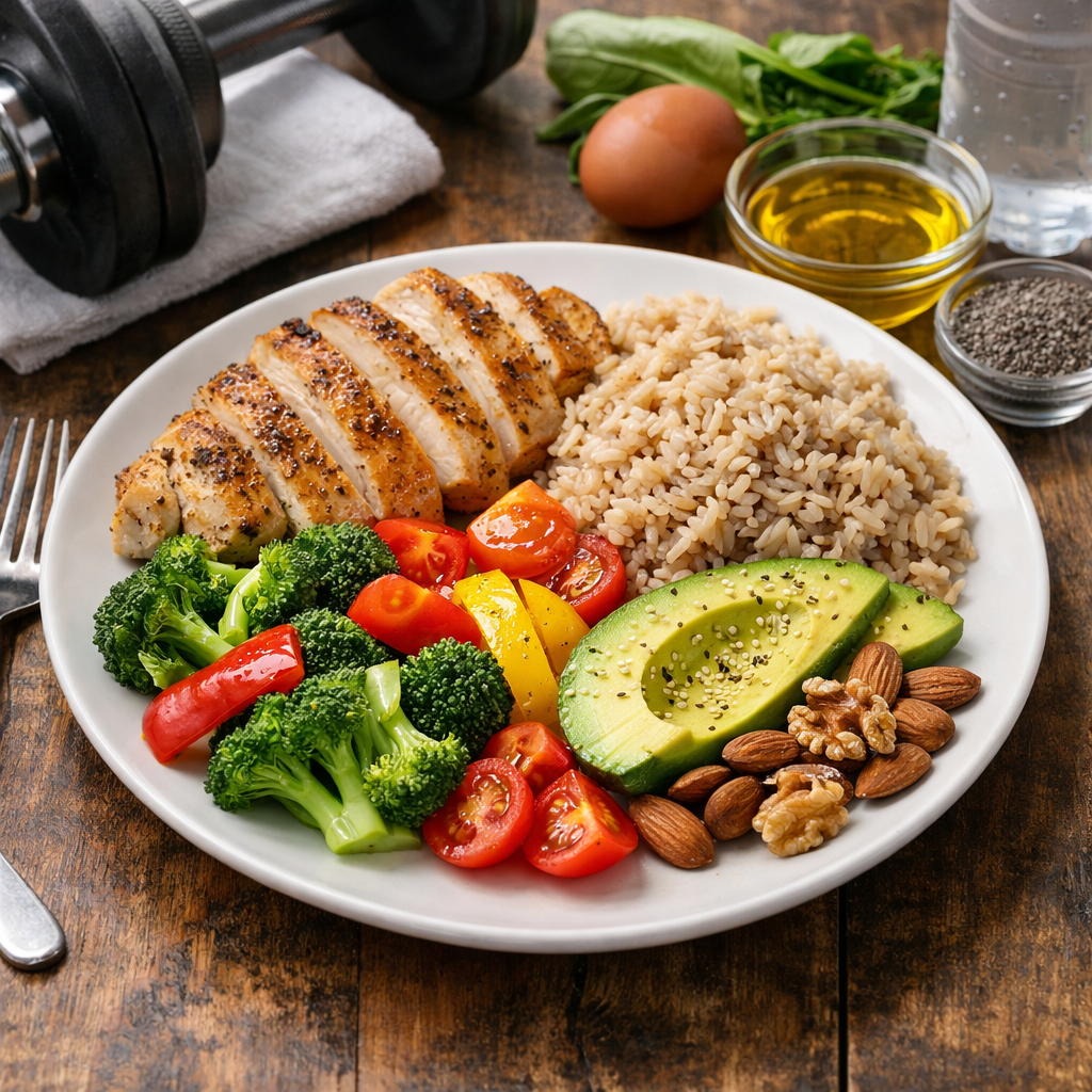 Photo réaliste d’une assiette équilibrée “sport” (protéine + féculent + légumes + bon gras), style naturel, sans texte.