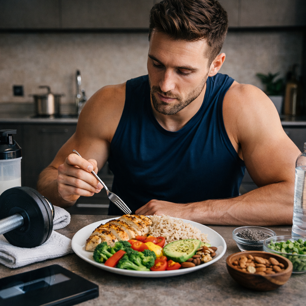 Photo réaliste d’un sportif en cuisine avec assiette équilibrée (protéines + féculents + légumes + bons lipides), style naturel, sans texte.