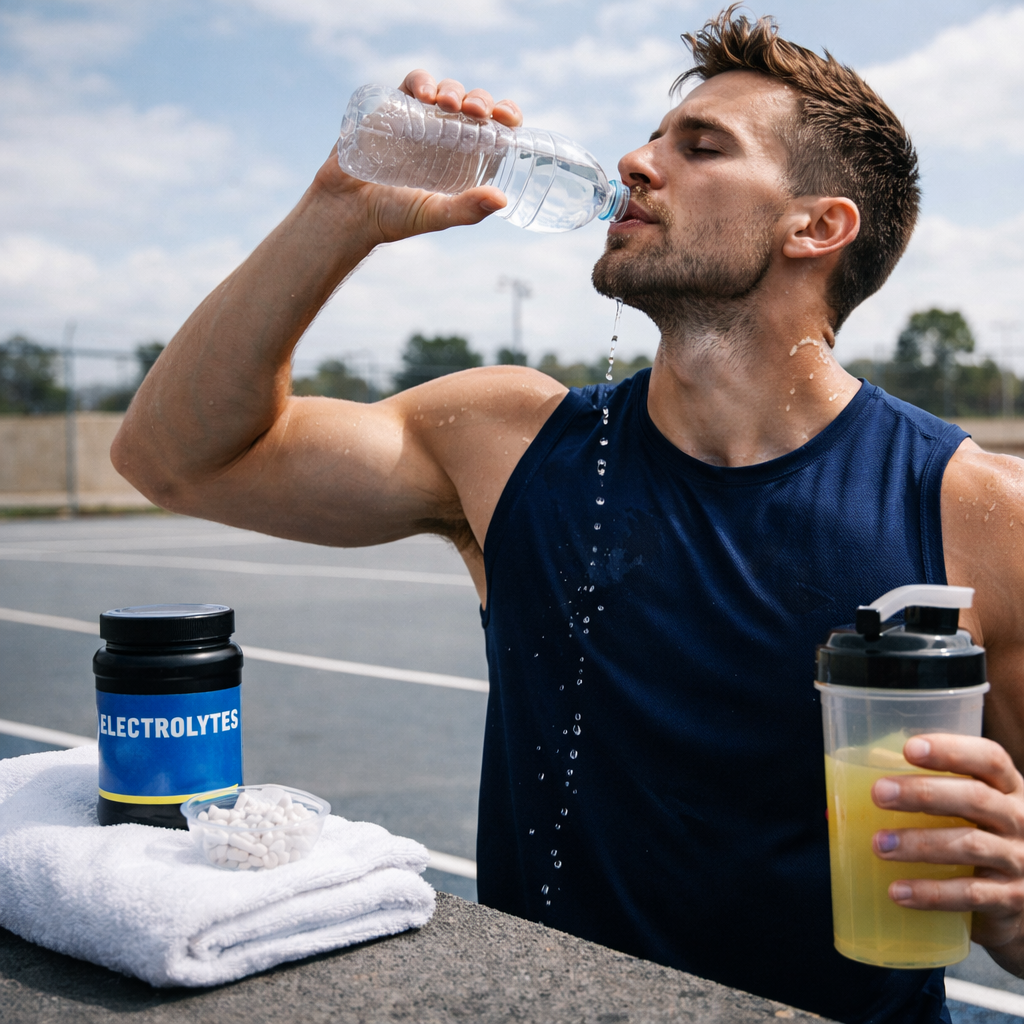 Hydratation sportive avant pendant après l’effort avec eau et électrolytes pour maintenir la performance