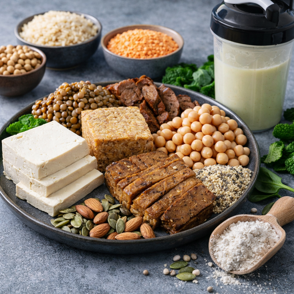 Assiette riche en protéines végétales pour sportif avec tofu tempeh légumineuses et céréales complètes
