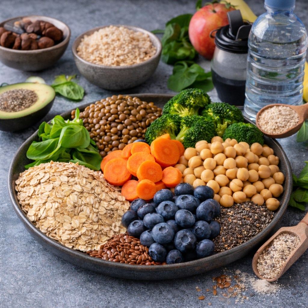 Aliments riches en fibres pour sportif avec avoine légumineuses fruits légumes et graines pour digestion énergie et satiété
