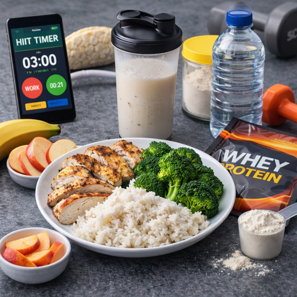 Collation et repas adaptés au HIIT avec glucides digestes, protéines et hydratation pour optimiser l’intensité et la récupération
