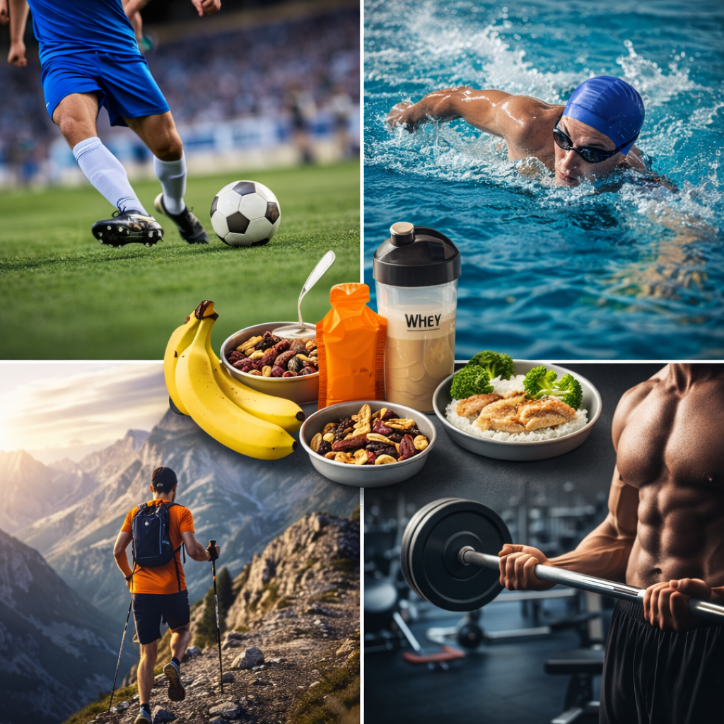 Comparaison nutrition sportive avec aliments adaptés au football natation trail et musculation selon effort et récupération