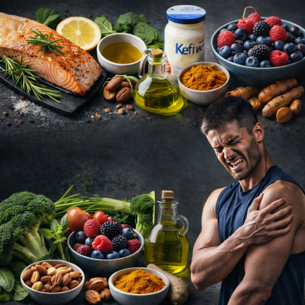 Assiette anti-inflammatoire pour la récupération sportive avec poisson gras légumes verts fruits rouges huile d’olive épices et aliments fermentés