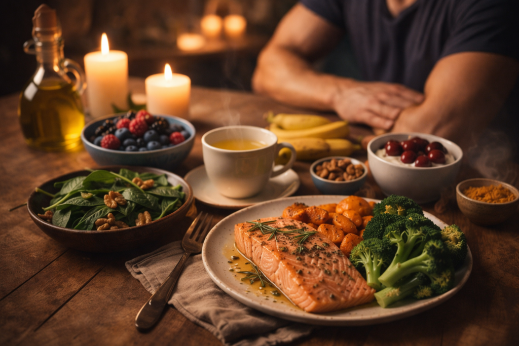 Dîner de récupération pour sportif favorisant le sommeil avec protéine digeste glucides complexes légumes cuits et aliments riches en magnésium