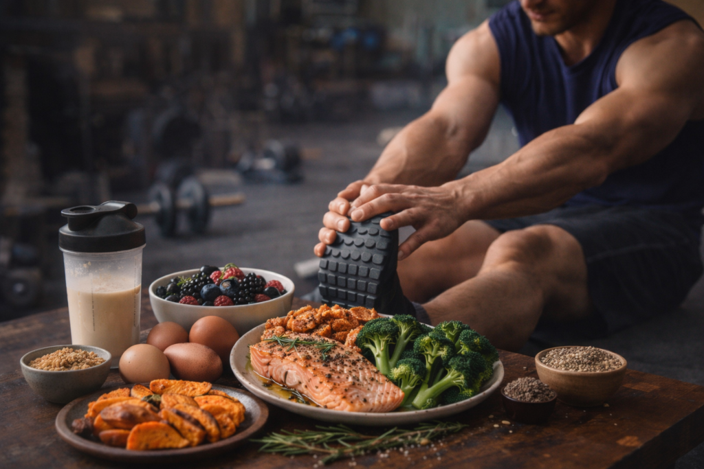 Étirements doux après l’entraînement avec repas de récupération riche en protéines et glucides pour réparer les muscles et recharger le glycogène