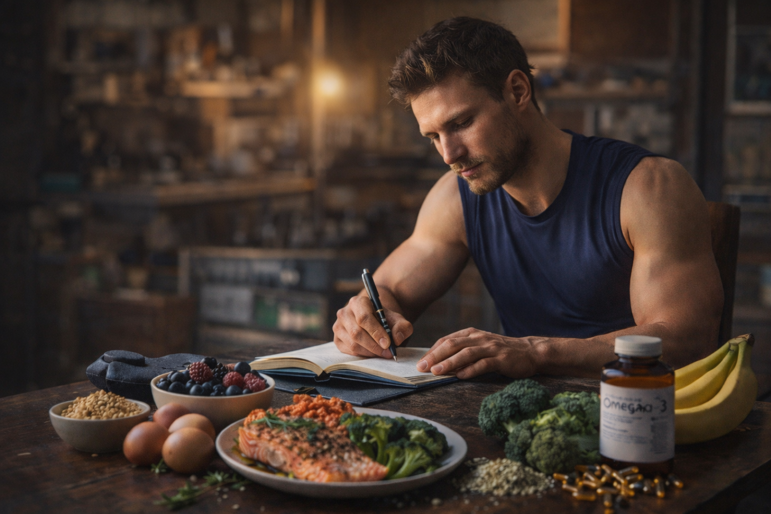 Sportif après entraînement préparant un repas riche en magnésium, vitamines B et oméga-3 pour réduire le stress et améliorer la récupération.