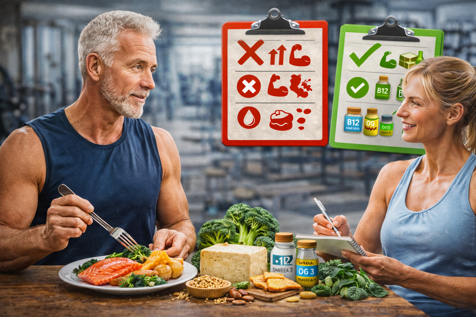 photo réaliste d’un senior sportif préparant un repas post-séance (assiette : saumon ou tofu + pommes de terre + légumes).