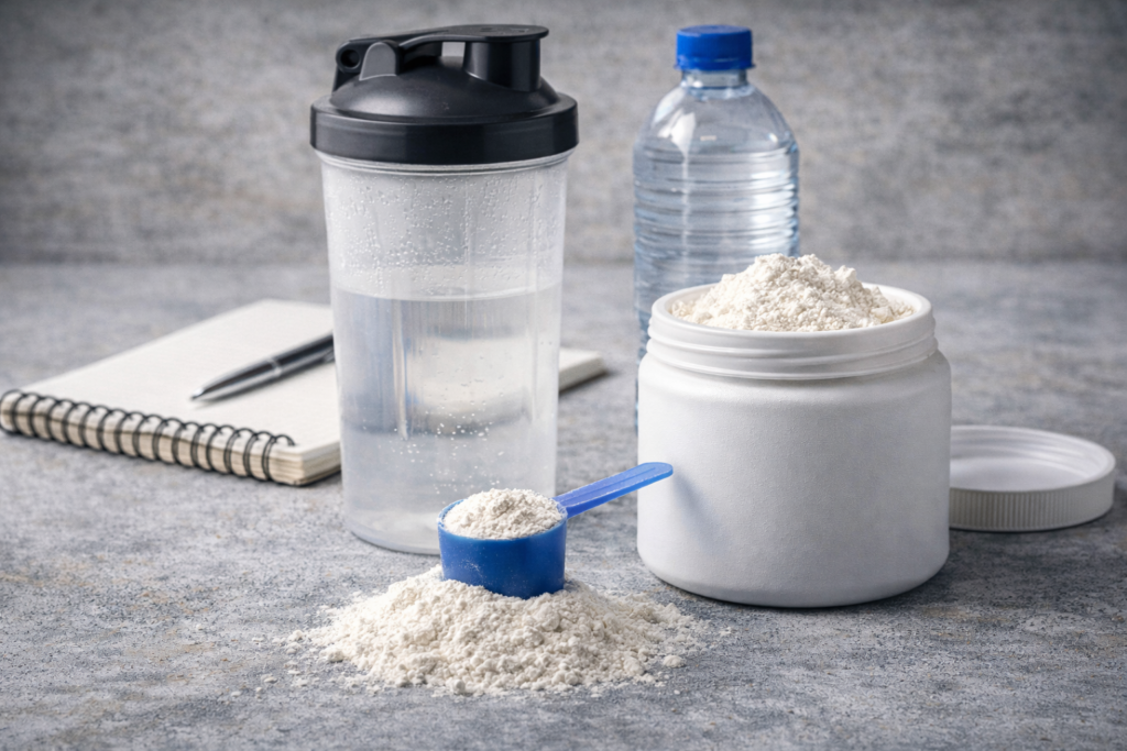 Créatine monohydrate en poudre et shaker pour améliorer force et puissance chez le sportif