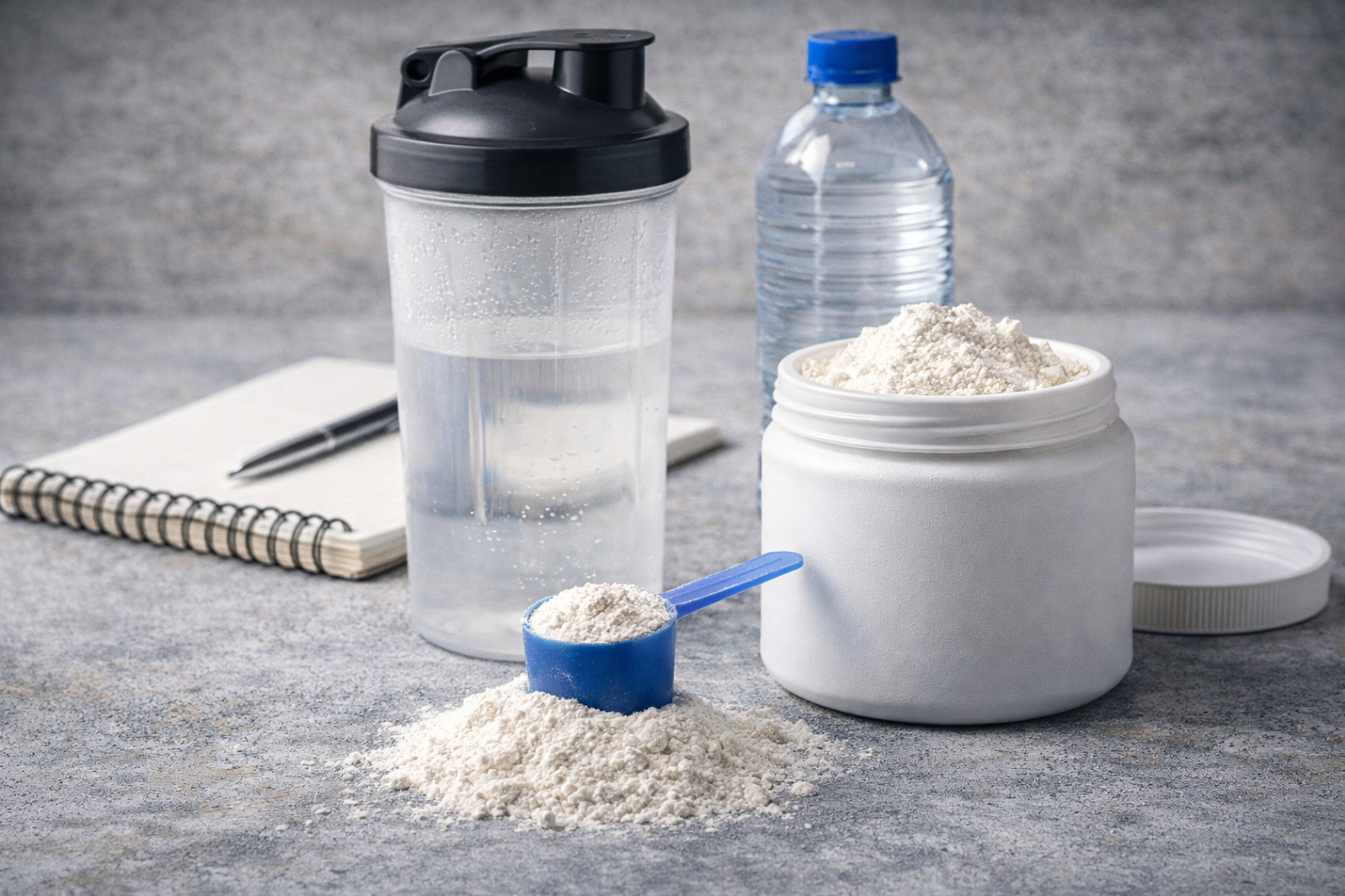 Créatine monohydrate en poudre et shaker pour améliorer force et puissance chez le sportif