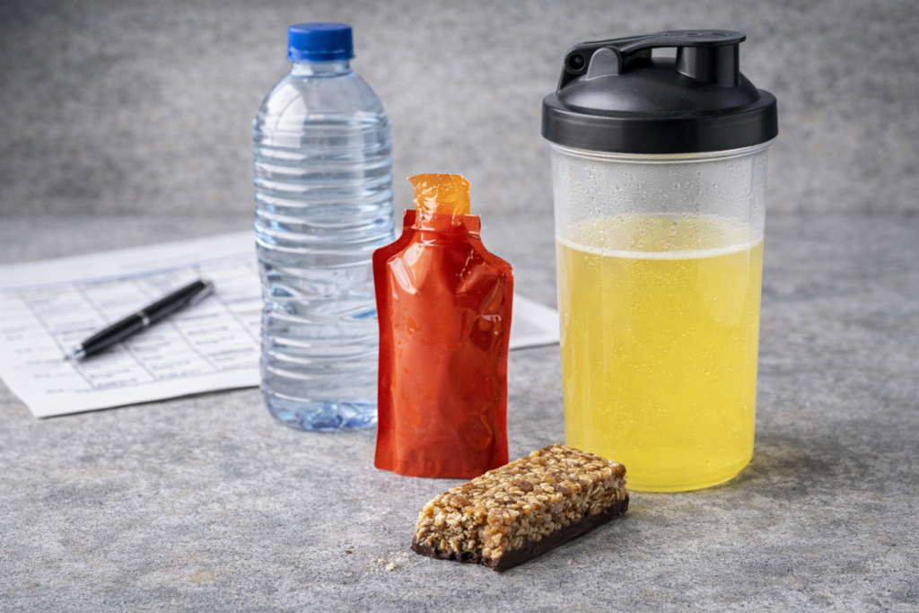 Boisson isotonique gel et barre énergétique alignés pour choisir le ravitaillement selon la durée de l’effort