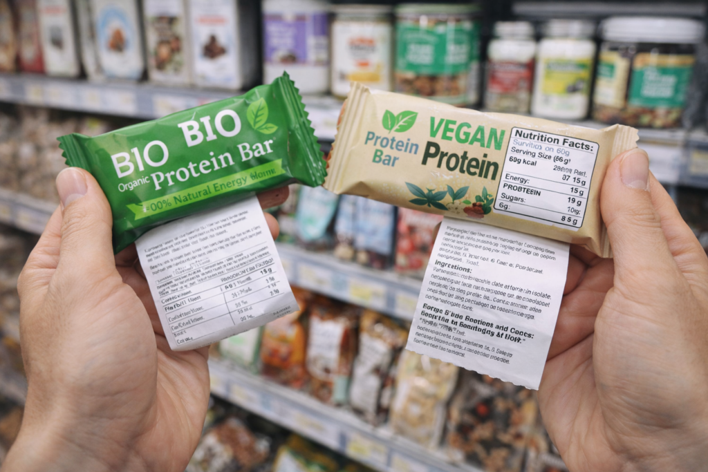 Comparer une barre protéinée bio et une barre vegan en lisant la liste d’ingrédients et le tableau nutritionnel