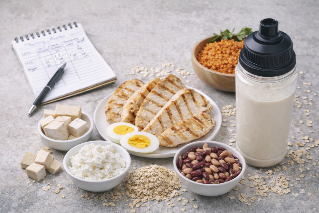 plateau “repas sportif” (œufs/yaourt/fromage blanc ou tofu, légumineuses, flocons d’avoine, filet de poulet/poisson ou tempeh), plus un shaker neutre et un carnet d’entraînement.