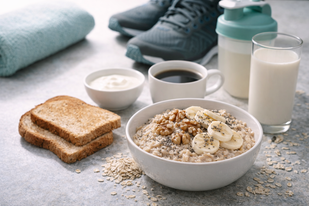 photo réaliste “matin sportif” : bol d’avoine/banane, yaourt ou boisson végétale, tartines, café, une tenue de sport et une gourde sur une table lumineuse.