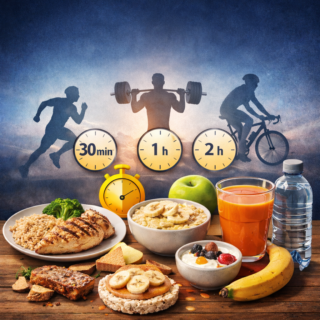 Assiette pré-entraînement digeste avec riz, poulet et banane, exemple de repas à 2 heures avant une séance de sport