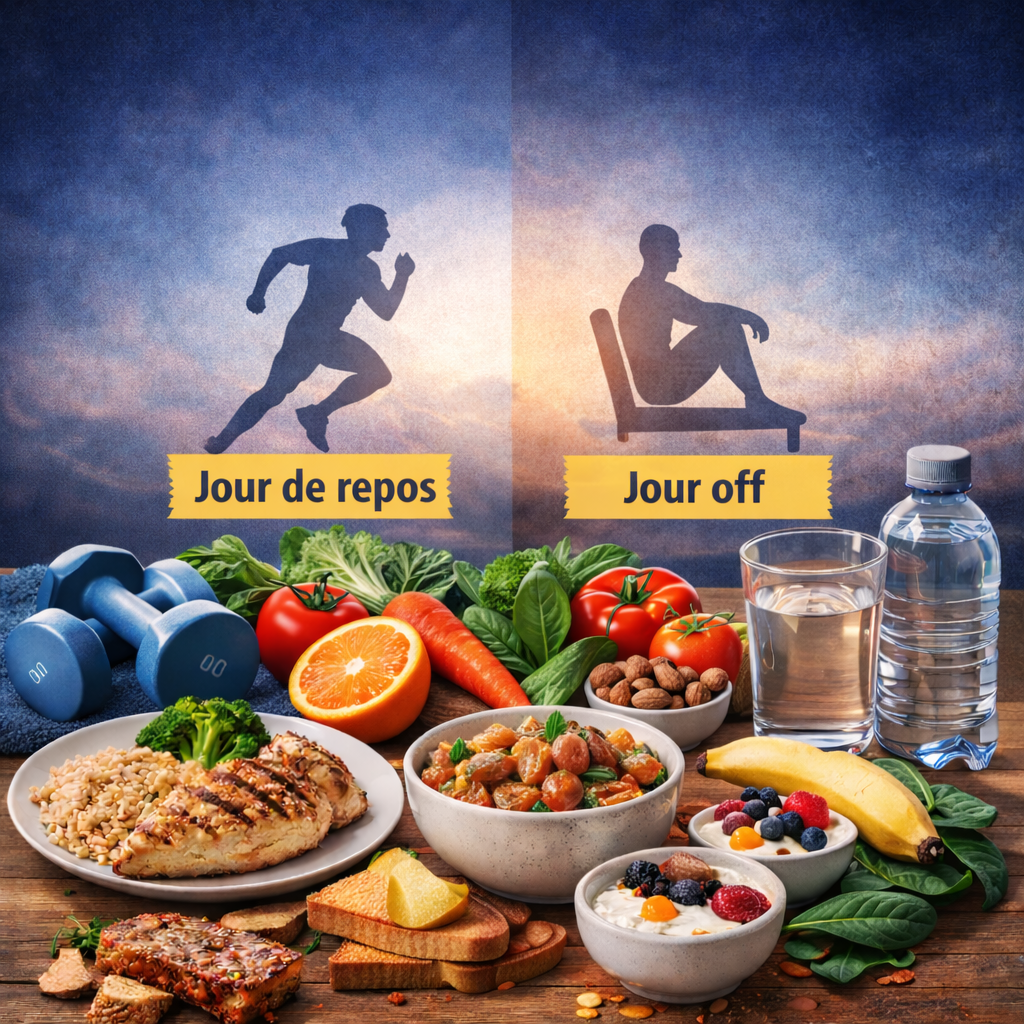 Assiette équilibrée jour de repos sportif avec protéines, légumes et féculents, illustration nutrition les jours sans entraînement