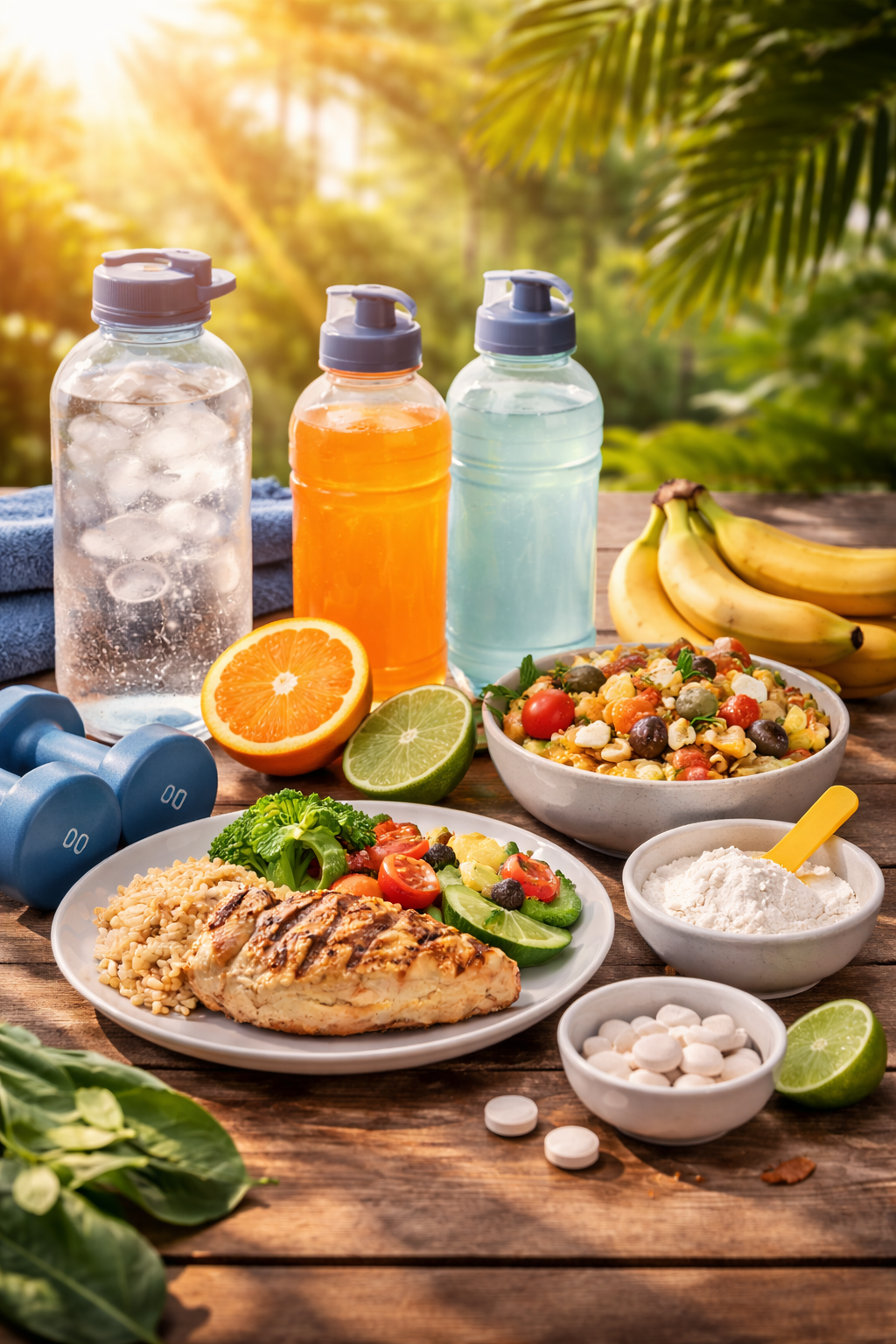 Repas et hydratation pour sport par temps chaud avec fruits, féculents, eau et boisson électrolyte sur une table