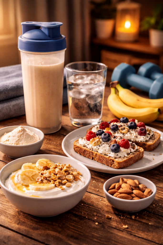 Repas léger post-entraînement du soir avec skyr, banane et eau sur une table, nutrition pour récupérer sans perturber le sommeil
