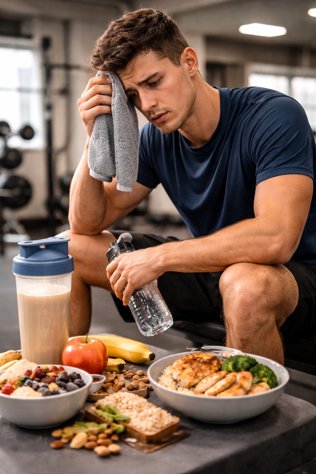 Sportif fatigué à la salle avec bouteille d’eau et repas simple riche en glucides et protéines, illustrant le manque d’énergie à l’entraînement