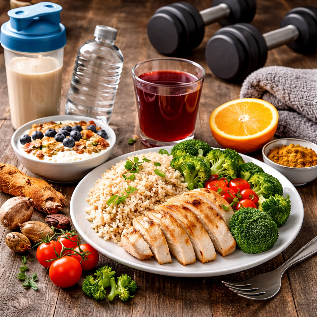 Repas de récupération après entraînement avec riz, poulet, légumes et fruits pour réduire naturellement les courbatures et accélérer la récupération