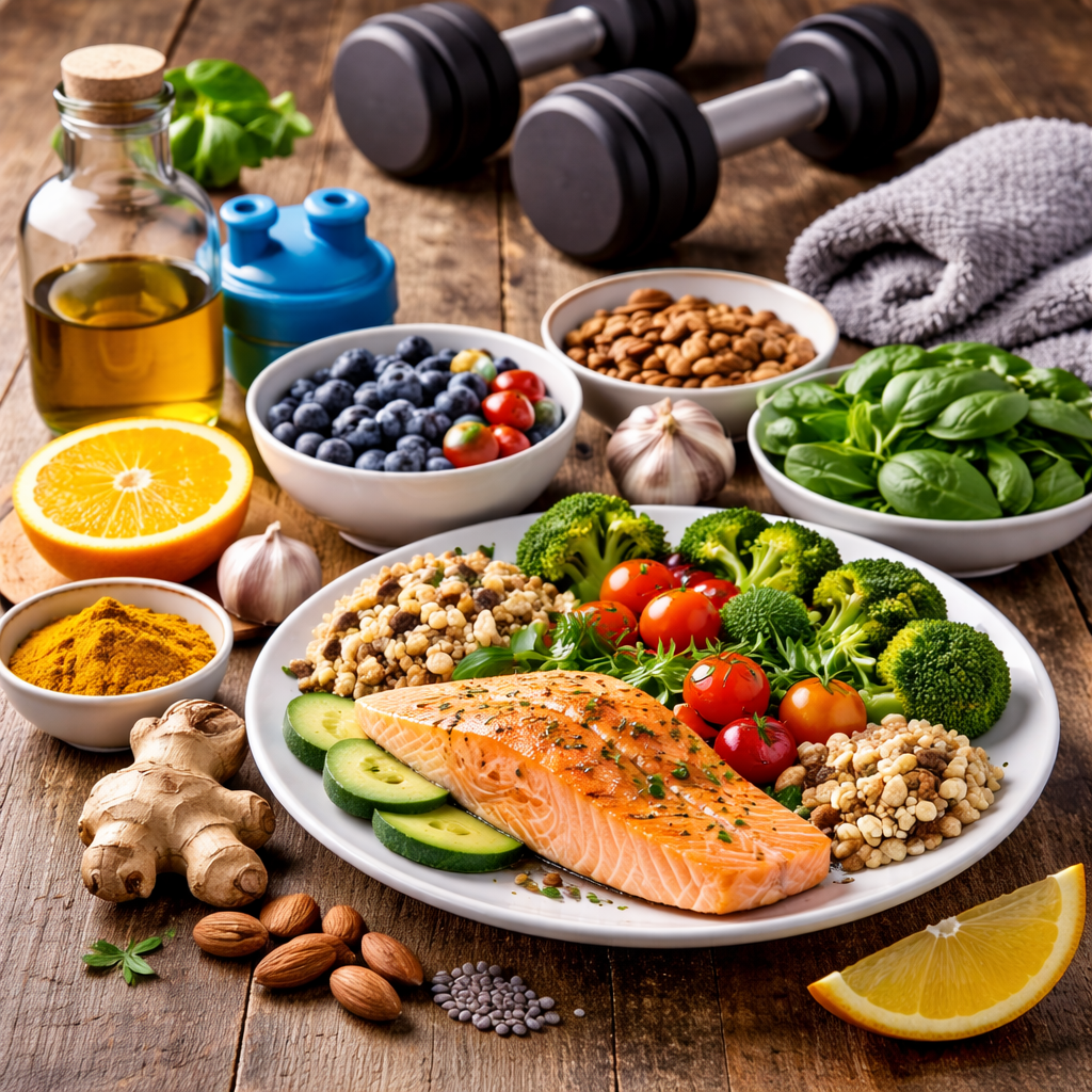Repas anti-inflammatoire pour sportif avec poisson gras, légumes colorés, fruits et huile d’olive, illustrant solutions nutritionnelles contre l’inflammation chronique