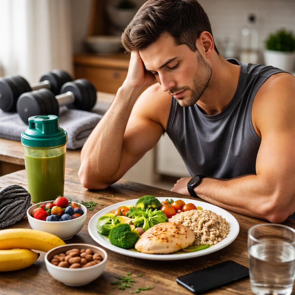 Sportif fatigué après entraînement avec repas de récupération simple (féculents, protéines, fruits) pour illustrer la fatigue nerveuse et la nutrition
