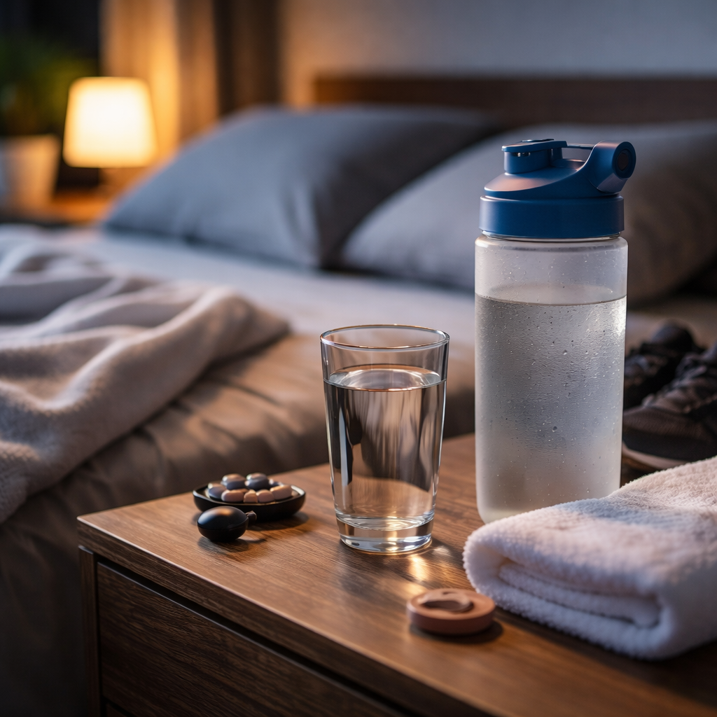 Verre d’eau et bouteille sur table de nuit, avec tenue de sport et serviette en arrière-plan, illustrant l’hydratation le soir après entraînement intensif