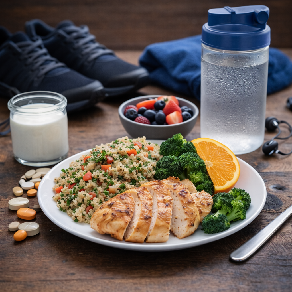 Assiette de récupération pour sportif avec féculents, protéines, fruits et yaourt, illustrant une alimentation qui soutient l’immunité pendant un entraînement intensif