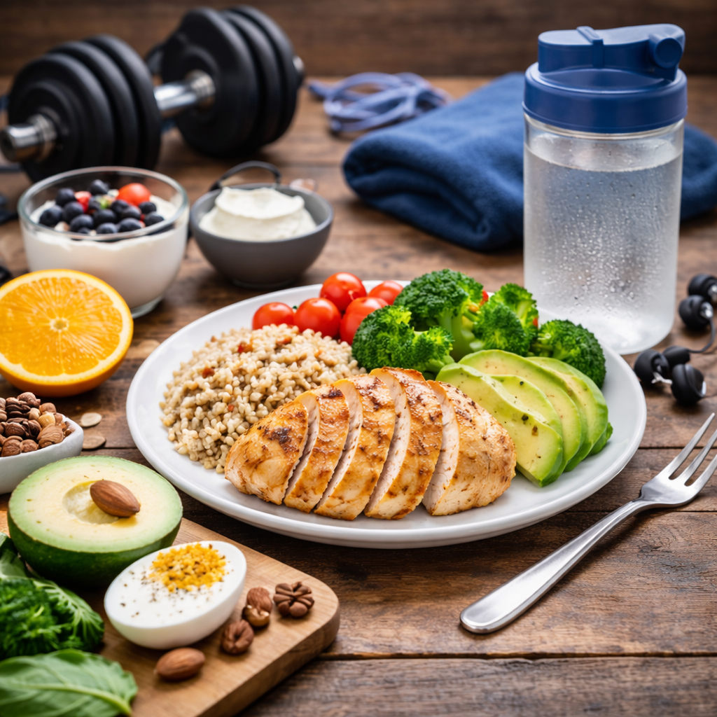 Assiette simple et équilibrée pour sportif débutant avec protéines, féculents, légumes et fruit, illustrant une alimentation facile à tenir au quotidien.