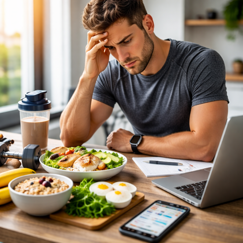 Repas simple et équilibré prêt en 10 minutes avec protéines, féculents et légumes, illustrant l’alimentation du sportif en période de stress et surcharge mentale.