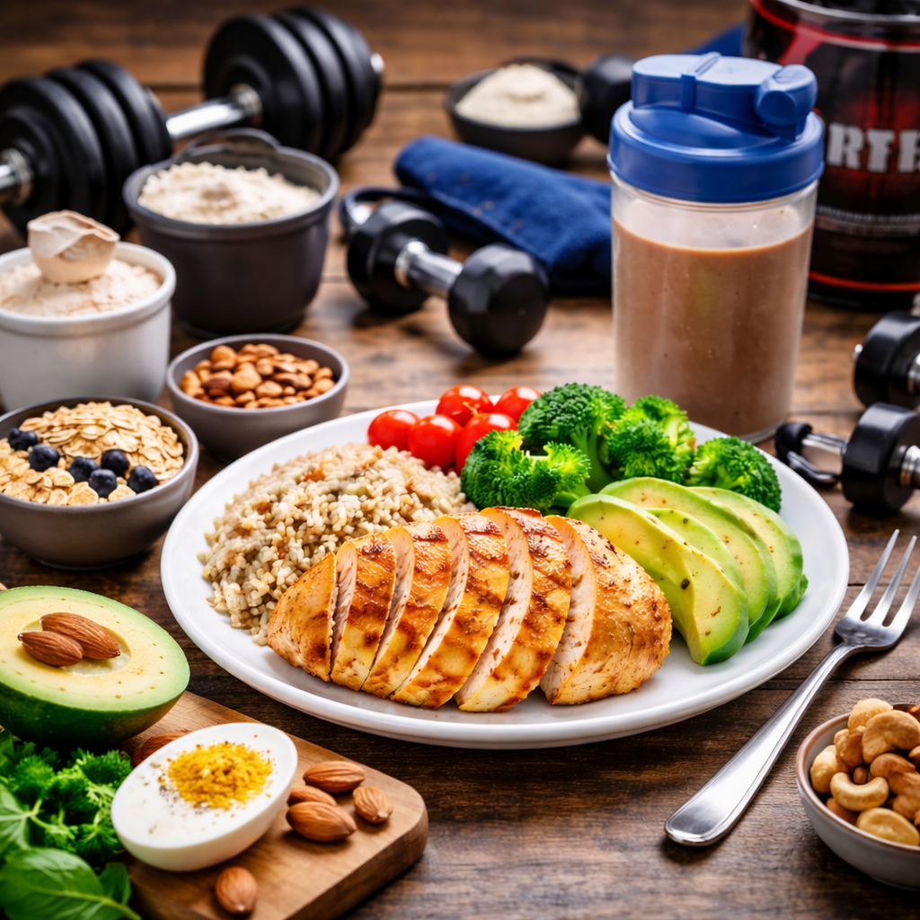 Assiette de prise de masse propre avec protéines, féculents et légumes, illustrant une alimentation contrôlée pour prendre du muscle sans trop de gras