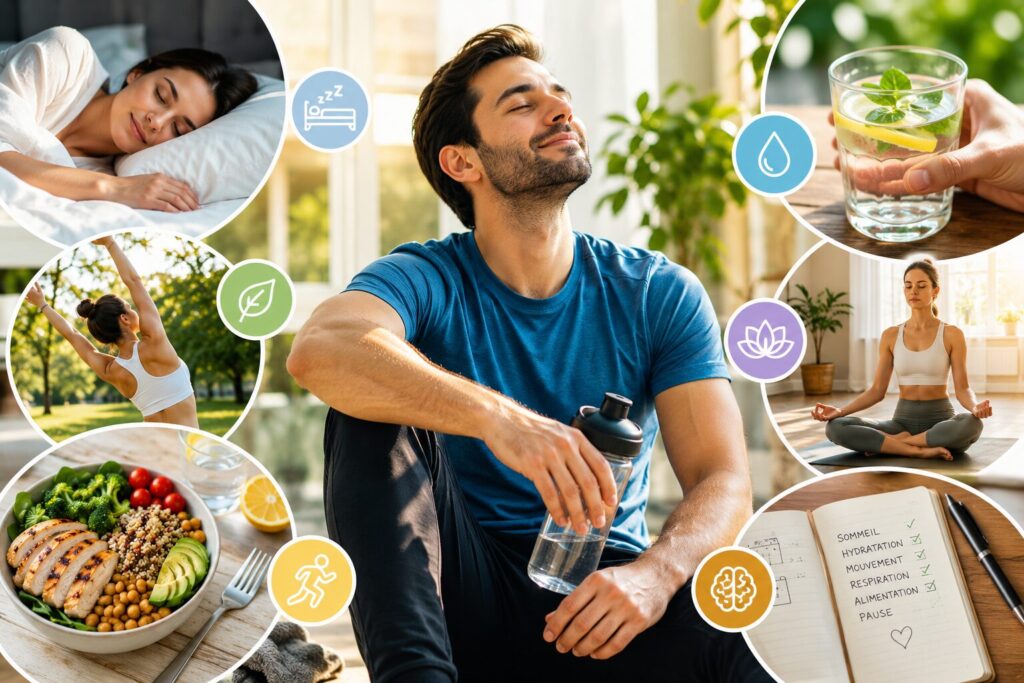 Énergie & récupération personne en récupération après une activité physique douce avec hydratation et lumière naturelle