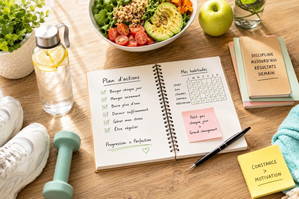 carnet d’habitudes avec alimentation équilibrée et activité physique pour une transformation durable
