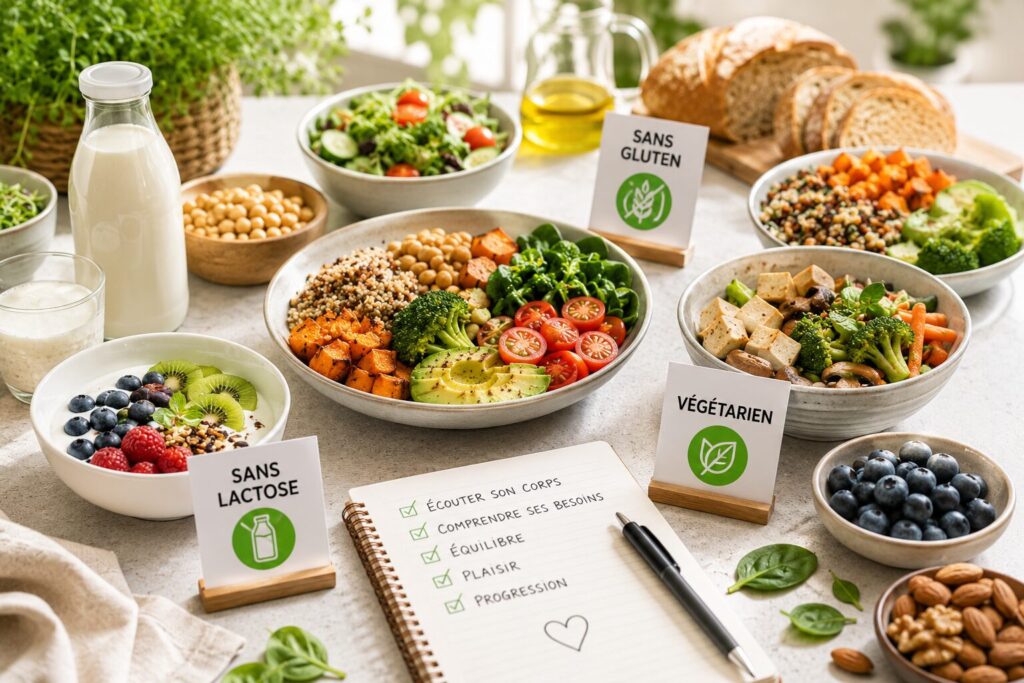 repas adaptés à différents besoins alimentaires avec carnet de suivi nutritionnel