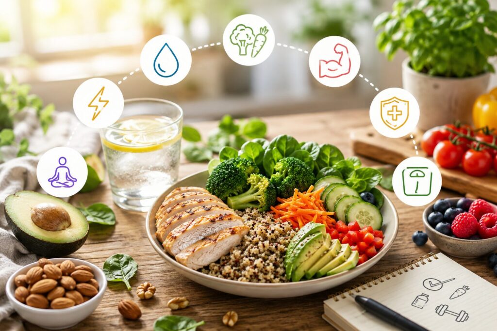 Nutrition du quotidien assiette équilibrée avec aliments simples pour améliorer la nutrition du quotidien